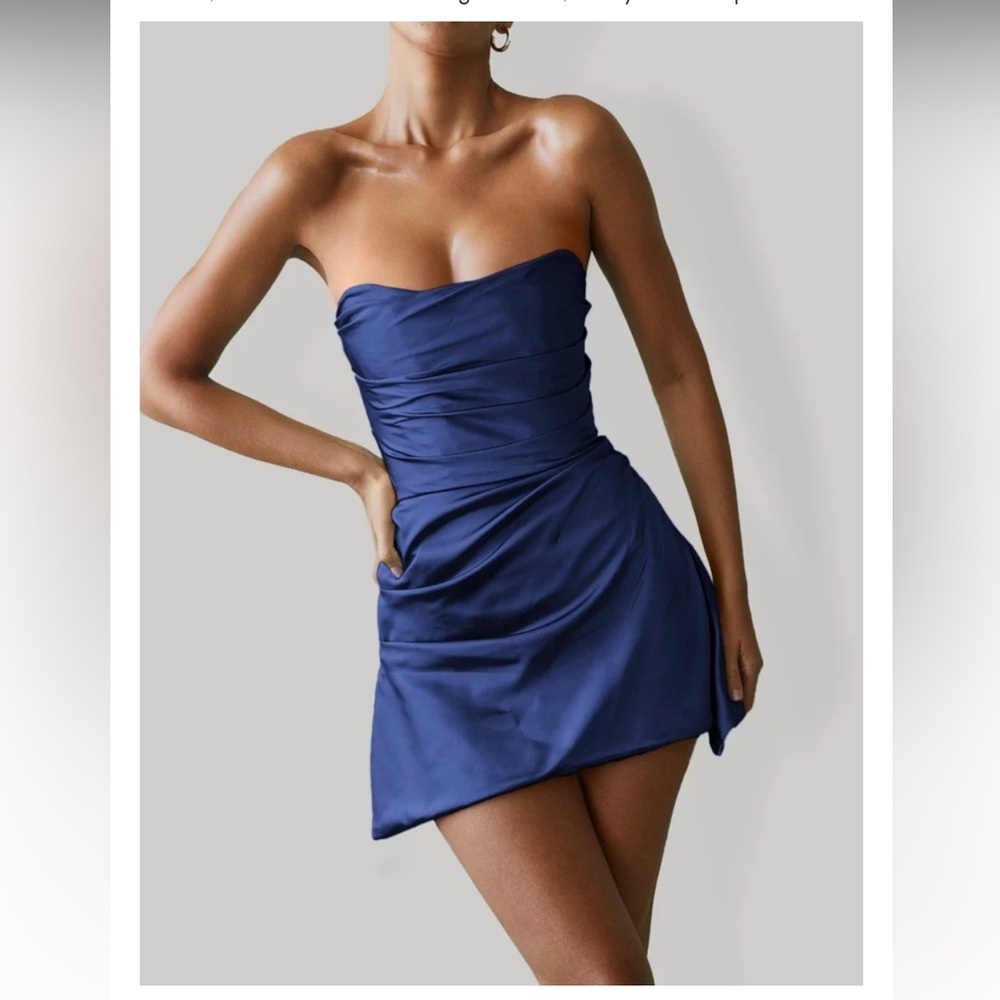 KissProm Yavanna Navy Blue - Strapless Sheath Irregular Hem Satin Short Dress 2